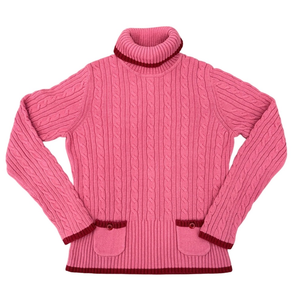 Ann Taylor LOFT Pink Cable Knit Turtleneck Sweater Contrast Trim Size L